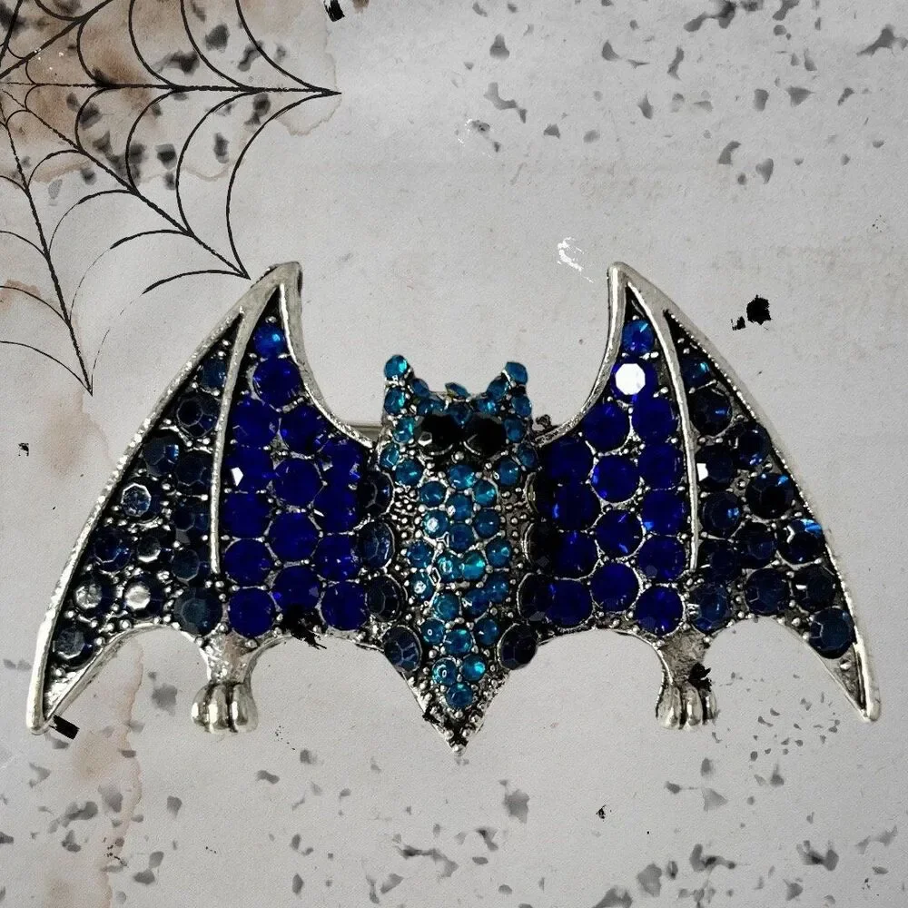 Stunning Elegant Halloween Bat Pin  - Sparkling Rhinestone Brooch BLUE/GOLD - Picture 4 of 8